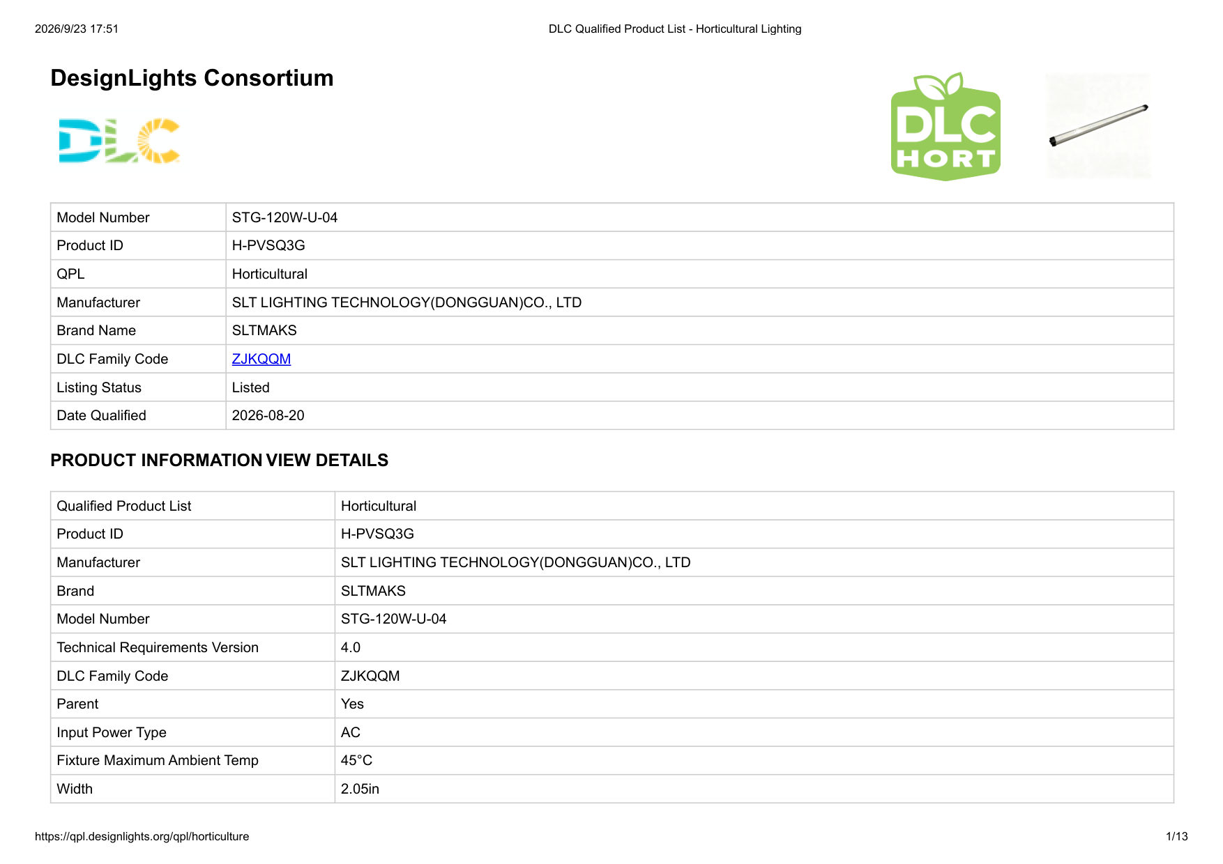 DLC Qualified Product List entry for model STG-120W-U-04, listed under Technical Requirements Version 4.0 on August 20, 2026