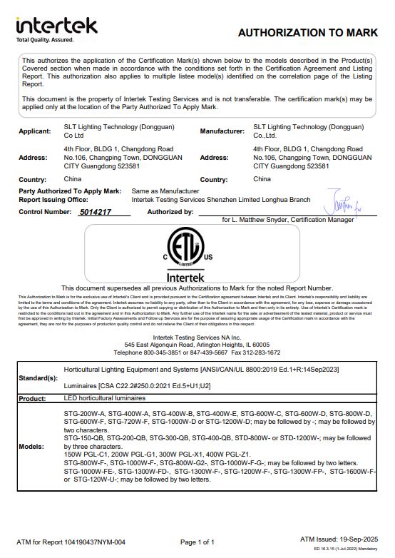 Intertek ETL Authorization to Mark covering SLTMAKS LED horticultural luminaires to ANSI/CAN/UL 8800:2019, issued September 19, 2025