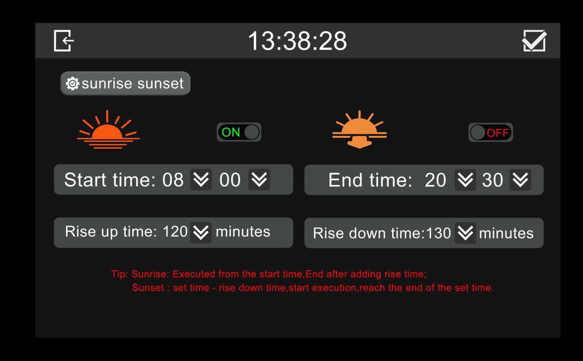 Grow light controller sunrise and sunset setting screen: start time, rise up time, end time and rise down time in minutes